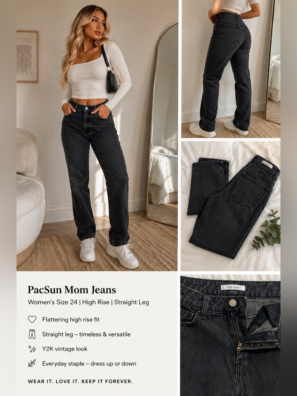 PacSun Mom Jeans Women’s Size 24 Black High Rise Straight Leg Denim